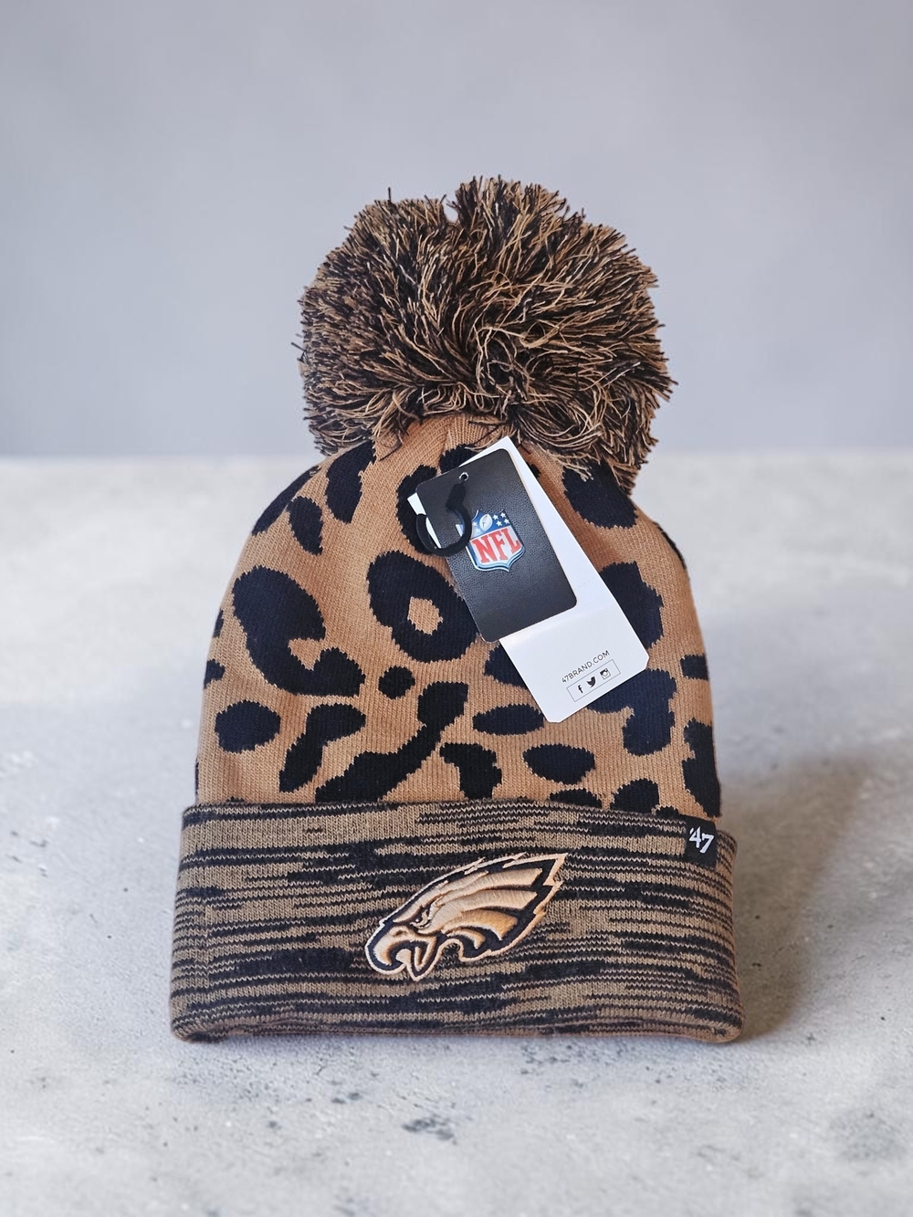 47 Brand Kids Philadelphia Eagles Tan and Black Leopard Pom Beanie